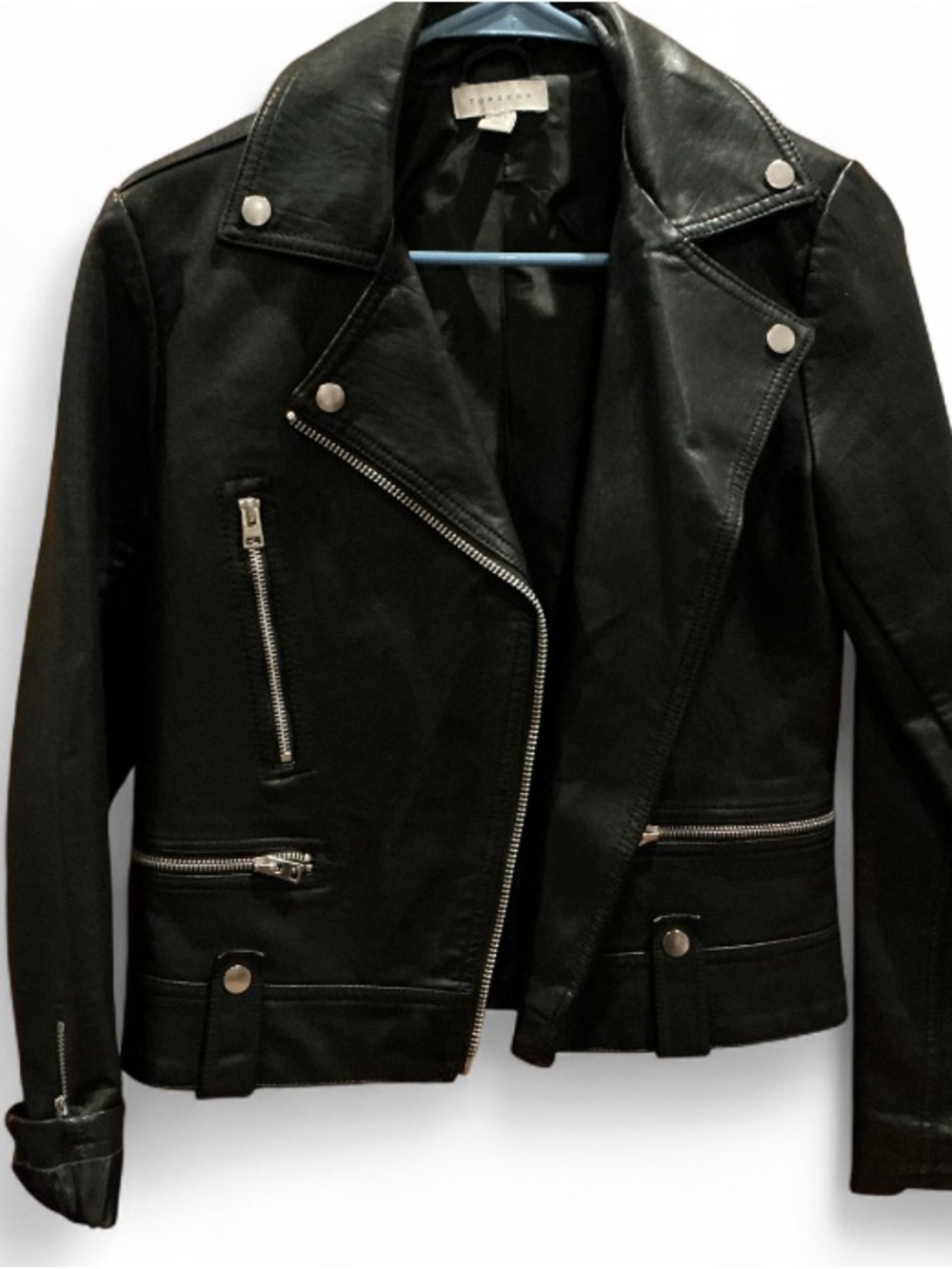 Topshop Black Moto Faux Leather Biker Jacket with zipper detail